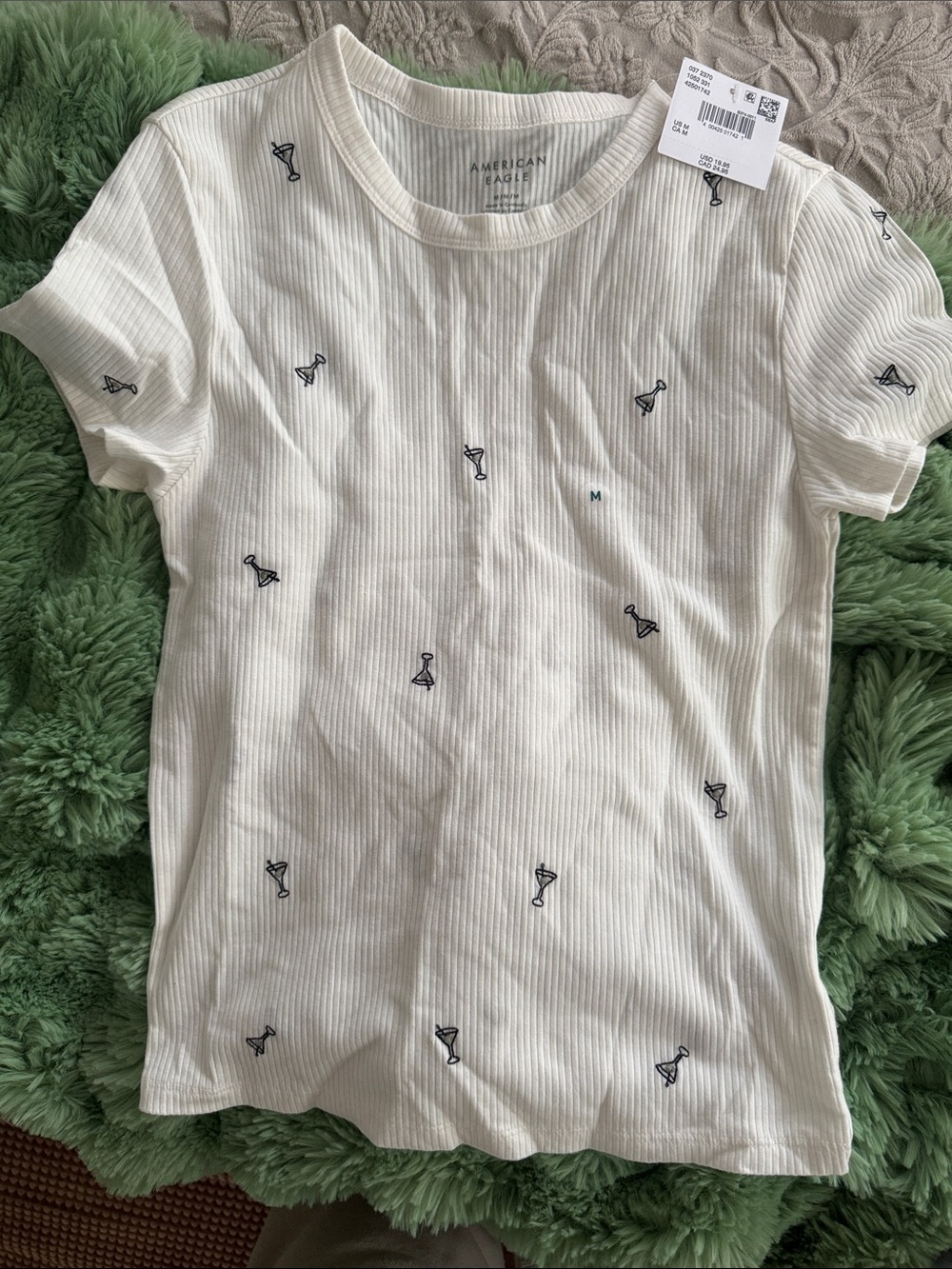 American Eagle Outfitters Cream Ribbed Tee with Navy Cocktail Embroidery